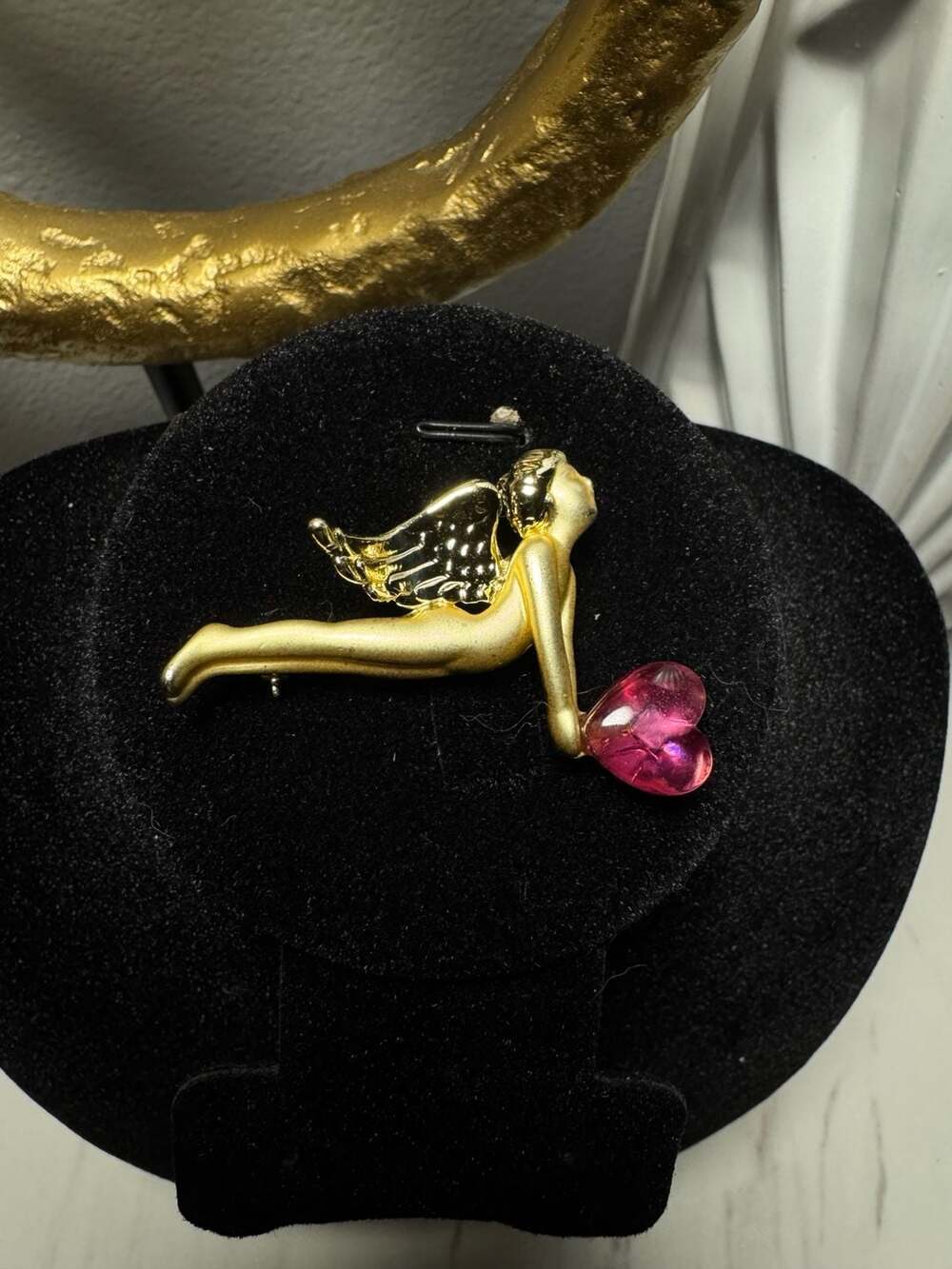 Vintage AJC Gold Tone Angel Brooch with Pink Heart Lucite